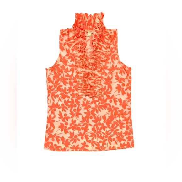 J. Crew Mandarin Collar Ruffled Sleeveless Blouse White/Neon Orange Floral 0/XS - Picture 1 of 8